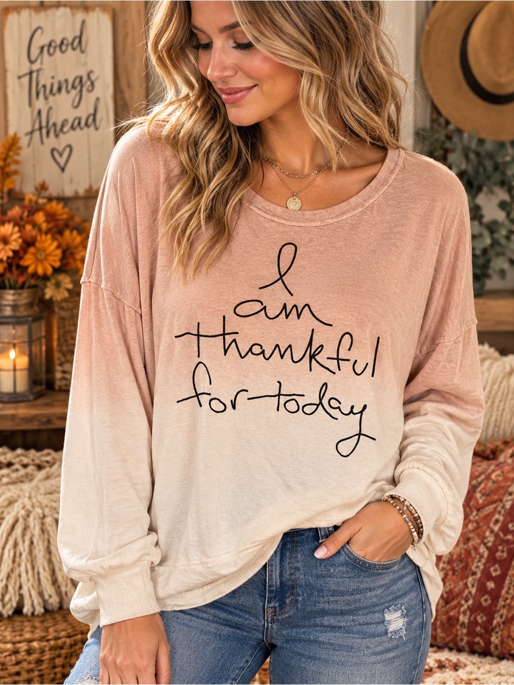 Blue B NWOT Ombre 'I Am Thankful for Today' Long-Sleeve Women's Top Size Large